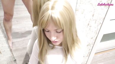 Blonde in pantyhose and panties sucks a big dick and swallows cum