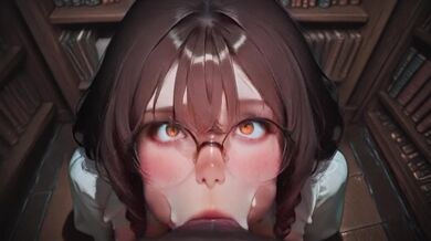 A nerdy brunette with glasses in a library gives an incredibly fast and sloppy blowjob to a massive cock between the bookshelves