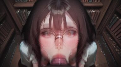 A nerdy brunette with glasses in a library gives an incredibly fast and sloppy blowjob to a massive cock between the bookshelves