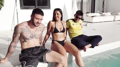 Spanish Brunette's Pussy Can Fit Two Cocks at Once, Threesome in the Pool - Nuria Millan