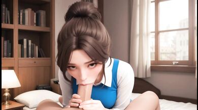 AI Generated - Cute Nerdy collage POV Sloppy Blowjob Huge Tits Blue Apron