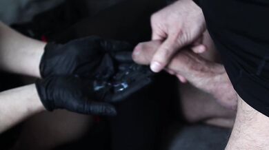 Cumshot on Sexy Milf's Black Gloves