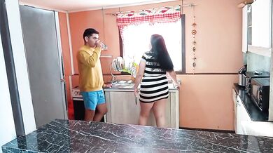 Stepmom gets a surprise fuck in the kitchen from her stepson, taboo sex