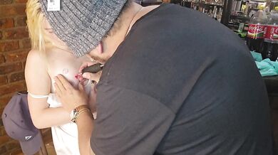 Hot cute blonde gets tatoo next to her nipple