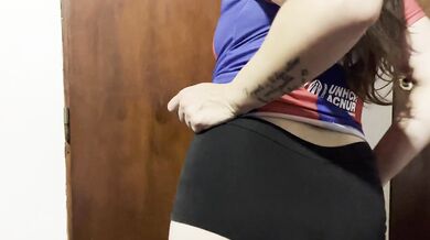Delicious striptease by a football fan, great tits before the game