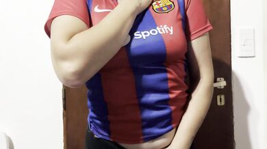 Delicious striptease by a football fan, great tits before the game