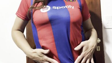 Delicious striptease by a football fan, great tits before the game