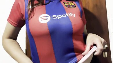 Delicious striptease by a football fan, great tits before the game