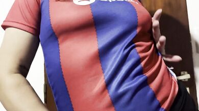 Delicious striptease by a football fan, great tits before the game