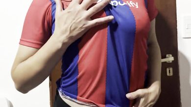 Delicious striptease by a football fan, great tits before the game