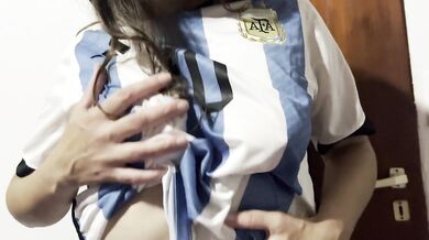 Argentina fan strips for her boyfriend, steamy foreplay and football passion