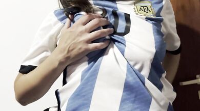 Argentina fan strips for her boyfriend, steamy foreplay and football passion