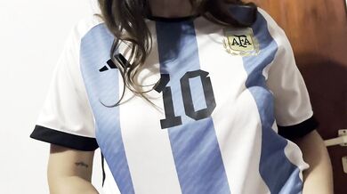 Argentina fan strips for her boyfriend, steamy foreplay and football passion