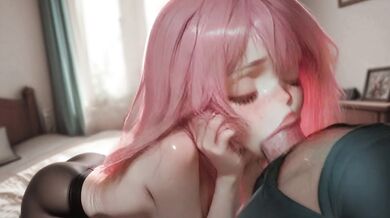 19-year-old pink-haired cutie giving blowjob to huge cock in transparent thigh-highs