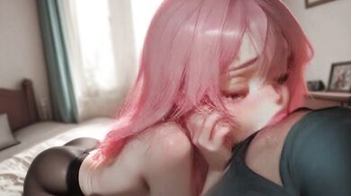 19-year-old pink-haired cutie giving blowjob to huge cock in transparent thigh-highs