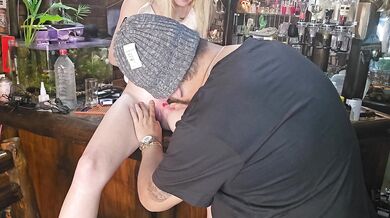 Cute blonde gets tatoo next to her pussy and glow in the dark attoo on her clit
