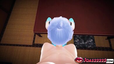 Blue Hair Anime Girl Brighid in 3D Hentai - Sloppy Blowjob, Intense Handjob Stroking, and Deepthroat Irrumatio Finishing with a Cumshot
