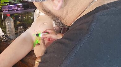 Green glow in the dark ink on pussy before dildo fucking