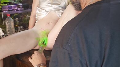 Green glow in the dark ink on pussy before dildo fucking