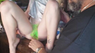 Green glow in the dark ink on pussy before dildo fucking