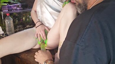 Green glow in the dark ink on pussy before dildo fucking