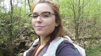Facial cum walk in the woods - stranger walked past!