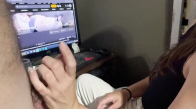 My stepsister grabs my penis and shakes it while watching porn