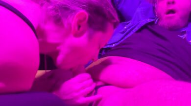 Part 2 of wife gives trucker head in the semi under purple glow