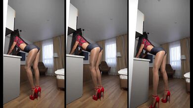 Nude pantyhose Pin Up girl long-legged brunette 188 cm red stilettos 16 cm foot fetish