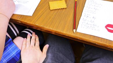 Prohibited actions in SCHOOL - Jerking him Off again in MATH Class under the Table . Schoolgirl in Public