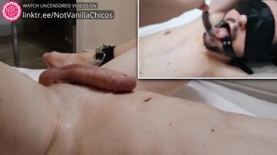 Mistress masturbates slave and makes him swallow cum by scooping it up with a spoon