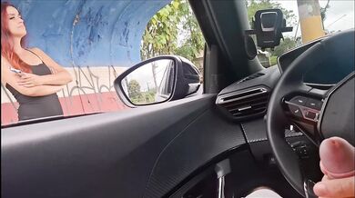 Risky masturbation for a redhead at a public bus stop!