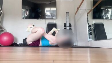 Stretching with booty shorts and a hairy pussy
