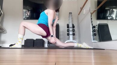 Stretching with booty shorts and a hairy pussy