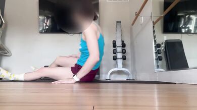 Stretching with booty shorts and a hairy pussy