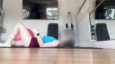 Stretching with booty shorts and a hairy pussy