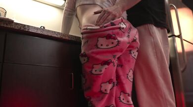 Roommate fucks me hard in the kitchen and creampies my tight pussy