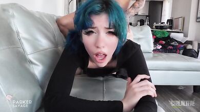 Slutty blue-haired stepsis gets her tight pussy fucked hard and a cock shoved deep in her throat