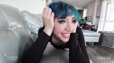 Slutty blue-haired stepsis gets her tight pussy fucked hard and a cock shoved deep in her throat