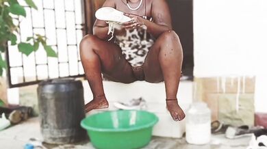 African babe legs apart no panty washing shoes PUSSY SHOWING
