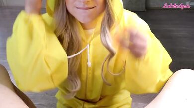 A stranger from the street sucks a dick in a raincoat, plays with cum and swallows cum