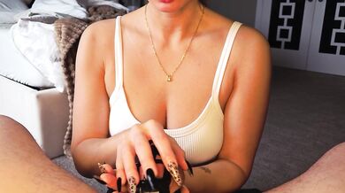 Chastity cage and handjob with blocked cumshot