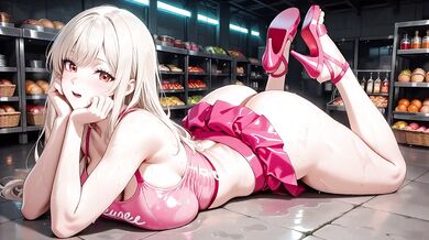 Horny Blonde Sweetie in Grocery Store – Pink Latex Mini Skirt Pulled Up
