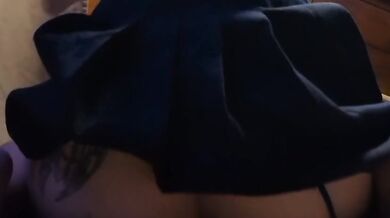 Riding Dildo Reverse Cowgirl In Blue Skirt On Tray Close Up Clip