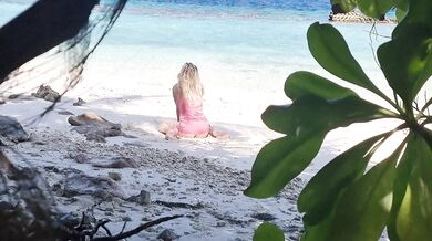 Milf relaxing on beach and masturbation