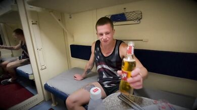 Two men fuck a cute fellow traveler on a train and cum in her holes