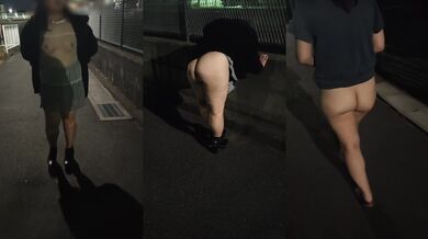 Japanese mature housewife walks outdoors with her big butt out