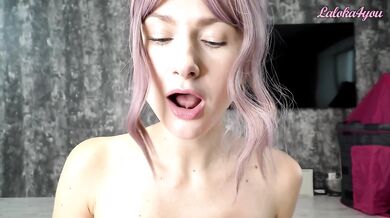 Cool blowjob and cum game from a beautiful woman with purple hair