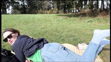 Girl was relaxing at a picnic in the park and accidentally wet my jeans in public