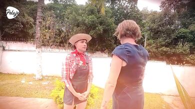Grandma has bad intentions and convinces gardener to let her fuck him in the ass with the strap-on